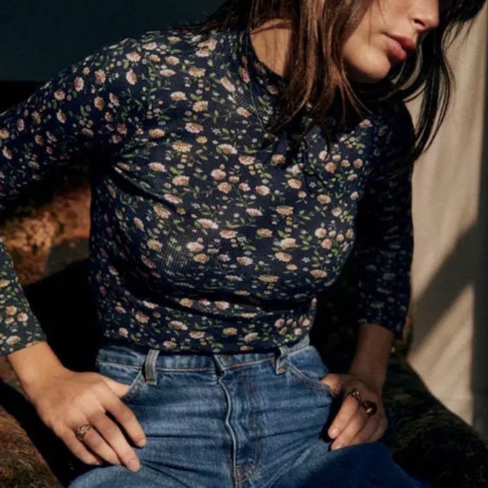 Sezane Navy Floral Long Sleeve Tee